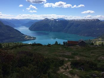 Scenic view of lake against cloudy sky