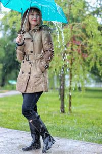 Full length of man standing in park during rainy season