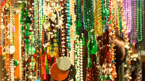 Close-up of jewelry for sale at market stall