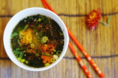 High angle view of salad in bowl on table
