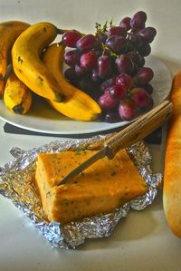 High angle view of fruits in plate on table