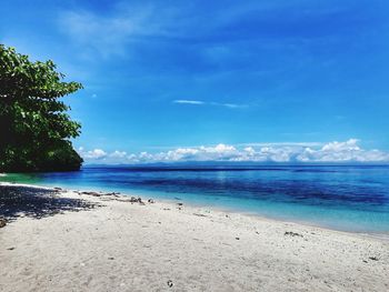 Scenic view of beach against blue sky