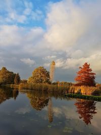 Reflection of trees in lake against sky