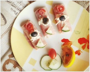 High angle view of breakfast on table