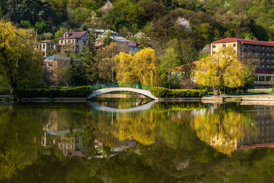 Beautiful view of small lake at dilijan city park on sunny morning