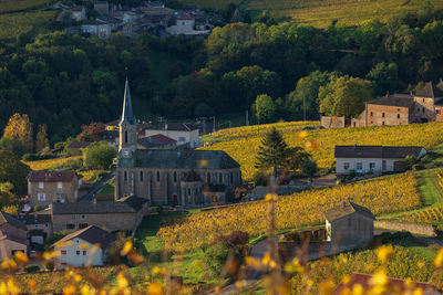 High angle view of buildings in french wine town