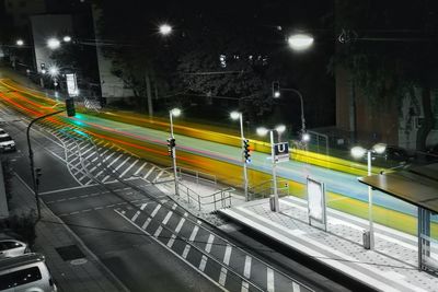 High angle view of light trails on street at night