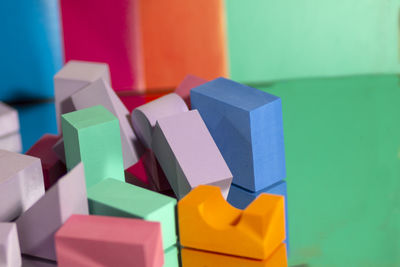 Close-up of toys against blue background