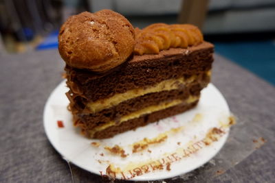 Close-up of cake in plate on table