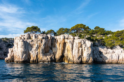 The limestone cliffs overlooking the mediterranean sea at the parc national des calanques, france