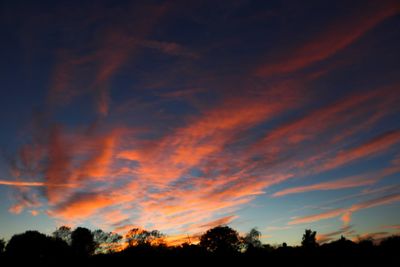 Low angle view of silhouette trees against dramatic sky