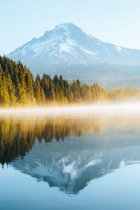 Scenic view of lake by mountains against sky