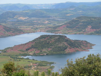 High angle view of bay and mountains