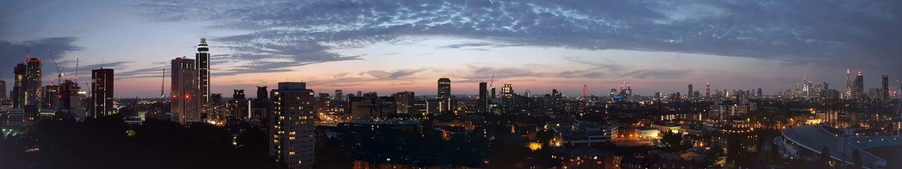 Panoramic view of buildings against sky during sunset