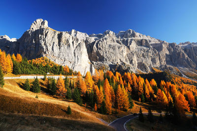 Road by trees and mountains against sky