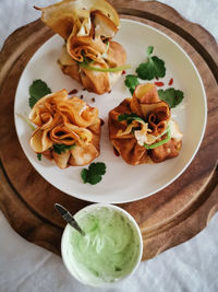 High angle view of food served on table