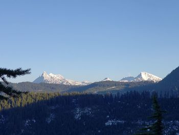 Scenic view of snowcapped mountains against clear blue sky