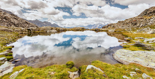 Panoramic view of lake and mountains against sky