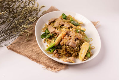 High angle view of meal served on table