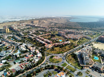 High angle view of buildings against sky