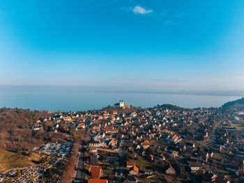 High angle shot of townscape against sky