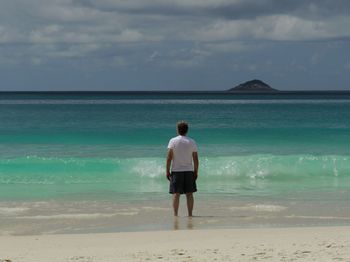 Rear view of man standing on beach against sky