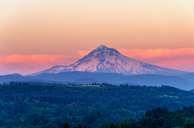 Scenic view of snowcapped mountain against sky during sunset