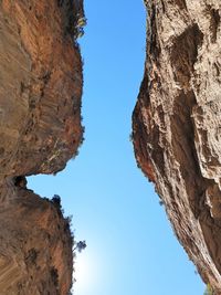 Low angle view of rock formation against clear blue sky