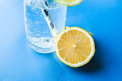 Close-up of lemon slice on table