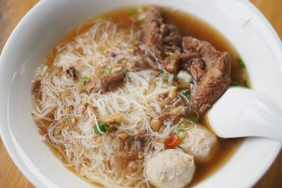 High angle view of soup in bowl