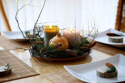Elevated view of christmas decoration on dining table