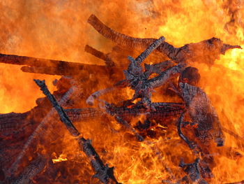 High angle view of fire on wood