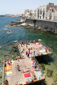 High angle view of boats in sea