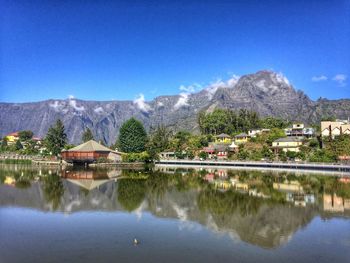 Scenic view of lake and mountains against clear blue sky