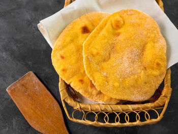 High angle view of bread in plate on table