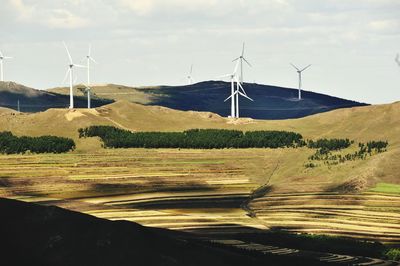 Windmills on landscape against sky