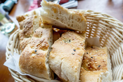 Close-up of bread in basket on table