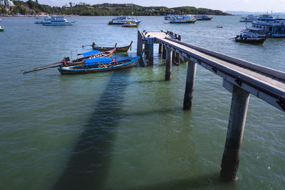 High angle view of boats moored in sea