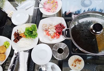 High angle view of food served on table