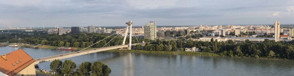 Panoramic view of river amidst buildings in city against sky