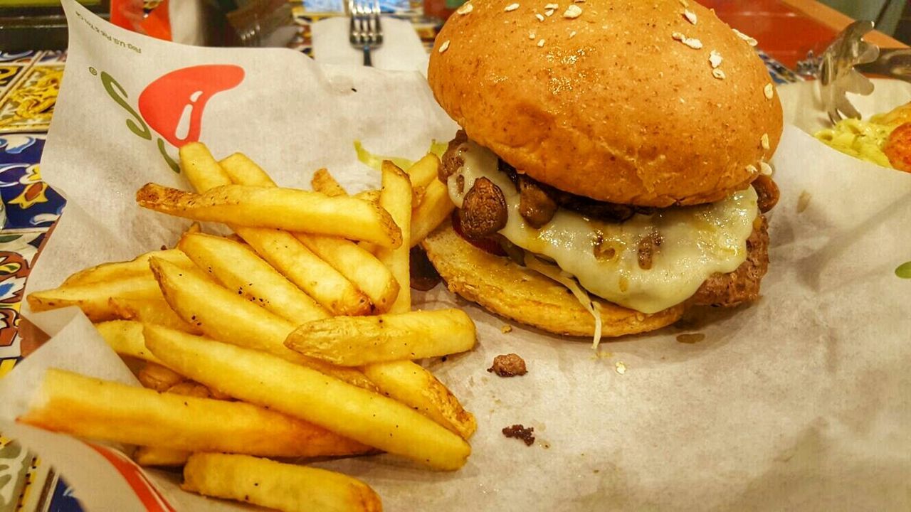 food and drink, food, freshness, indoors, still life, ready-to-eat, healthy eating, close-up, french fries, meat, plate, indulgence, high angle view, table, serving size, vegetable, prepared potato, fast food, meal