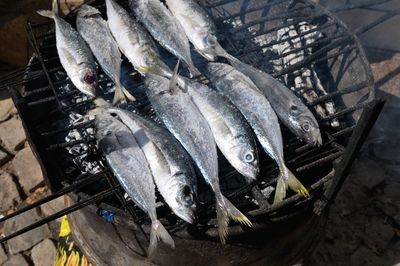 High angle view of fishes on barbecue grill