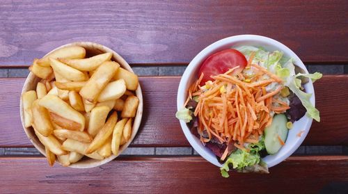 High angle view of noodles in bowl on table