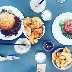 High angle view of breakfast on table