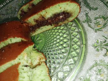 High angle view of fruit in plate on table