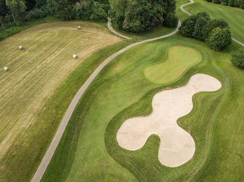 High angle view of sand trap in golf course