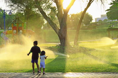 Rear view of children on landscape against plants