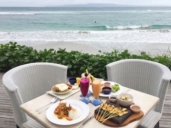 Breakfast on table at beach