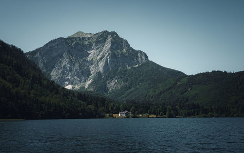 Scenic view of lake and mountains against clear sky