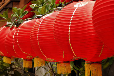 Close-up of red lanterns hanging in row